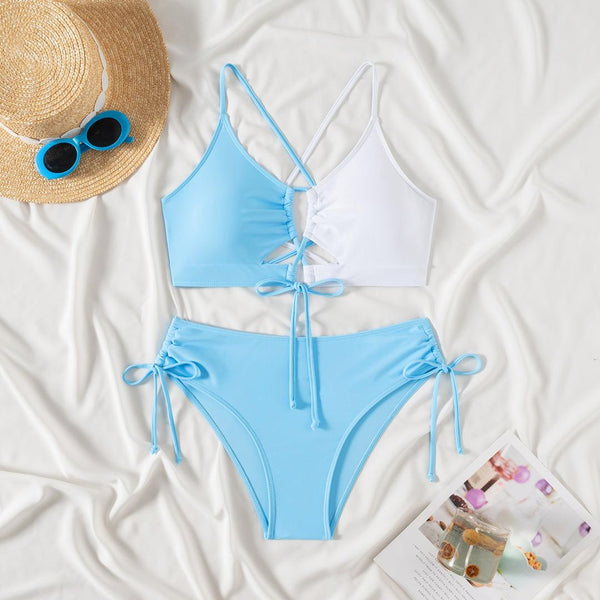 Light Blue Colorblock Tie Front Bikini Set