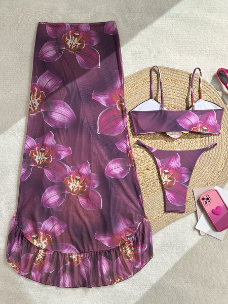 Purple Floral High Cut Bikini Set With Ruffle Beach Skirt