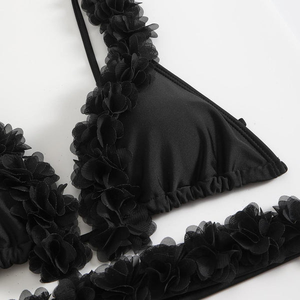 Solid Flower Décor Shoulder Straps Four Piece Bikini Swimsuit Black