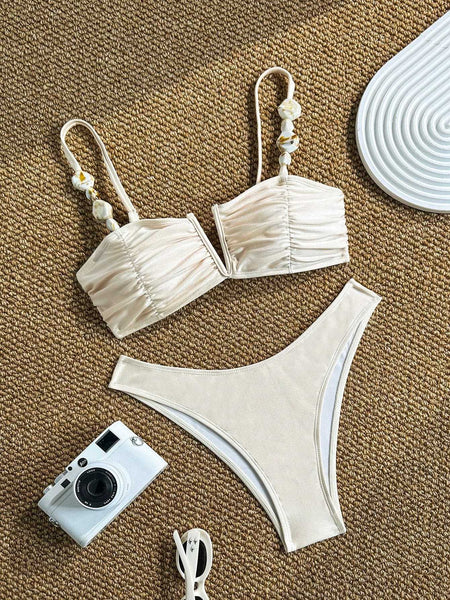 White Solid High Leg Bikini Set