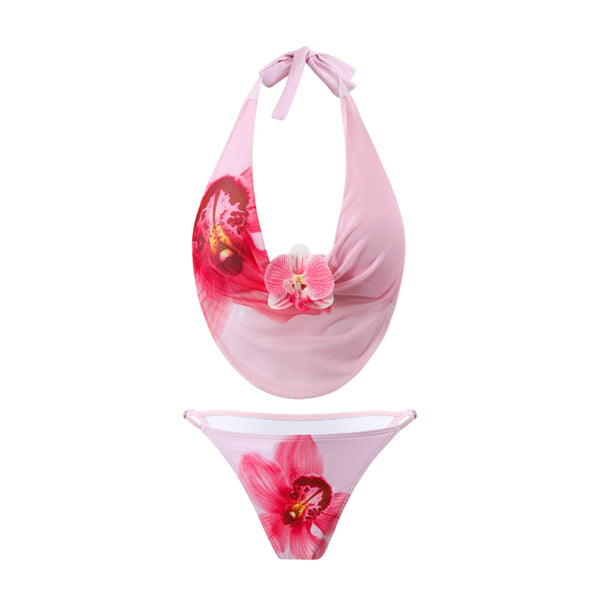 Pink Floral Halter Bikini Set With Beach Skirt
