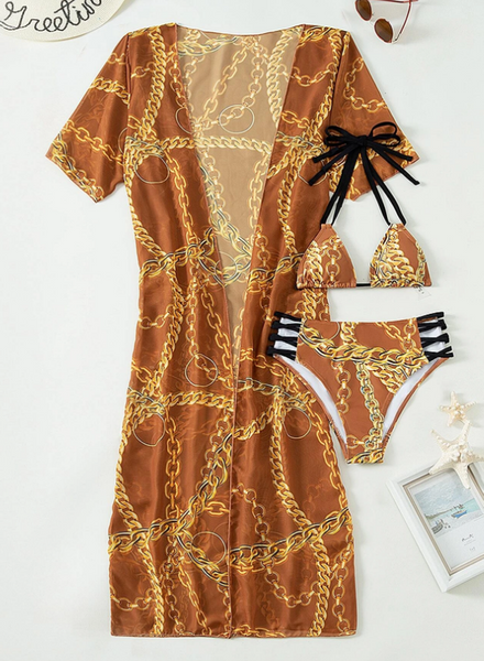 Chain Print 3pack Halter Triangle Bikini Swimsuit & Kimono Brown