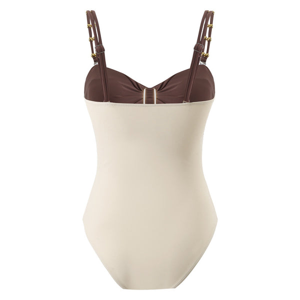 One Piece Swimsuit with Beach Cover up Wrap Skirt Brown