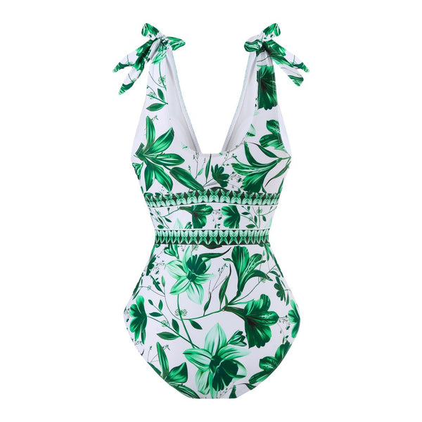 Green Floral One Piece Swimsuit With Maxi Cover Up