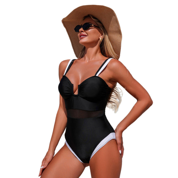 Black Solid Mesh Panel One Piece Swimsuit