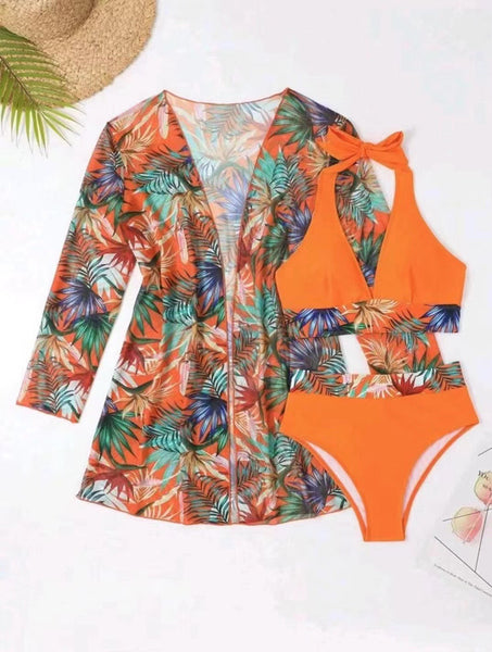 Swim Tropical Print Halter Bikini Swimsuit With Kimono Orange