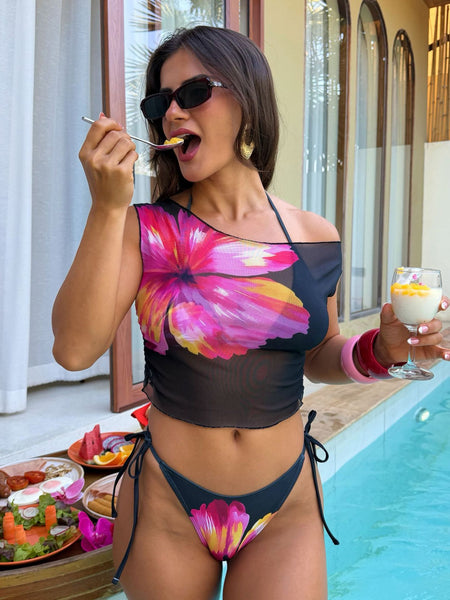 Black Floral Halter Bikini Set With Mesh Crop Top