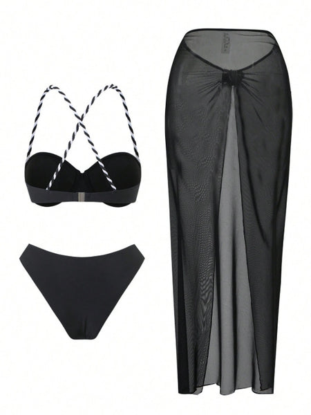 Black Solid Underwire Bikini Set With Sarong