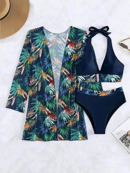 Swim Tropical Print Halter Bikini Swimsuit With Kimono Navy Blue