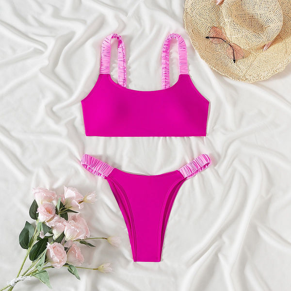 Pink Colorblock Ruched Bikini Set