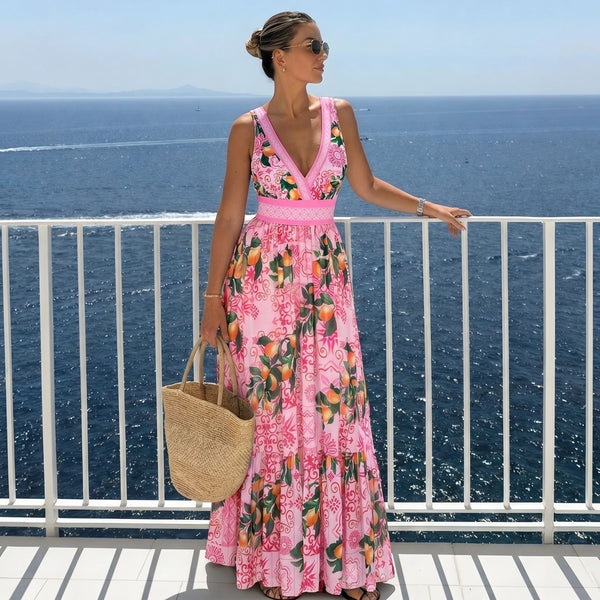 Pink Fruit Print Deep V One Piece Swimsuit With Beach Skirt