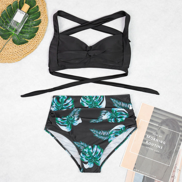 Black Tropical High Waisted Bikini Set