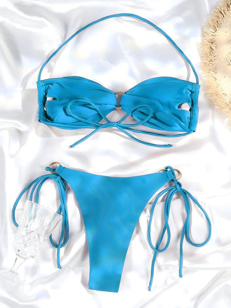 Light Blue Solid Tie Side Bikini Set