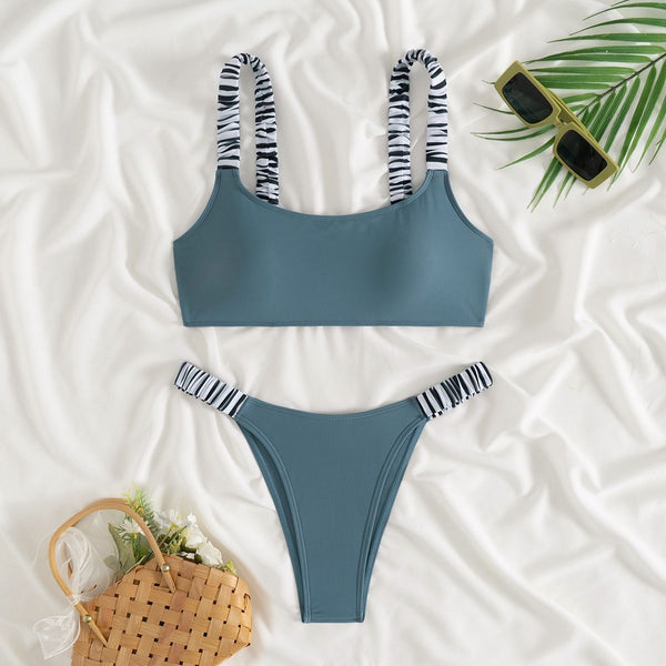 Grey Colorblock Ruched Bikini Set