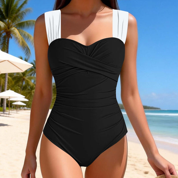 Black Solid Criss Cross One Piece Swimsuit