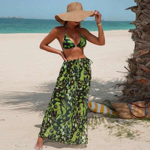 Green Mixed Print Triangle Bikini Set With Beach Skirt