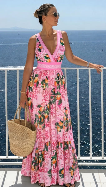 Pink Fruit Print Deep V One Piece Swimsuit With Beach Skirt