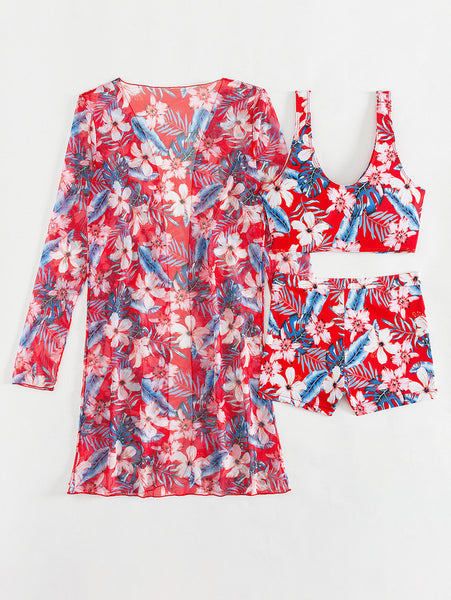 Tropical Floral Print Stretchy 3 Piece Set Bikini With Long Sleeve Kimono Red