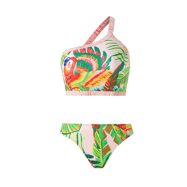 One Shoulder Floral Print Strap Two Pieces With Bathing Suit Wrap Skirt Multicolor