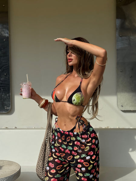 Black Fruit Print Halter Bikini Set With Beach Pants