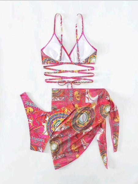 All Over Print Bikini Set Lace Up Backless Triangle Bra with Bottom And Tie Front Beach Skirt 3 Piece Swimsuit Pink