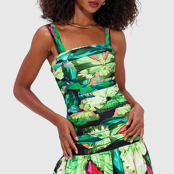 Green Tropical Tummy Control Swimsuit With Beach Skirt