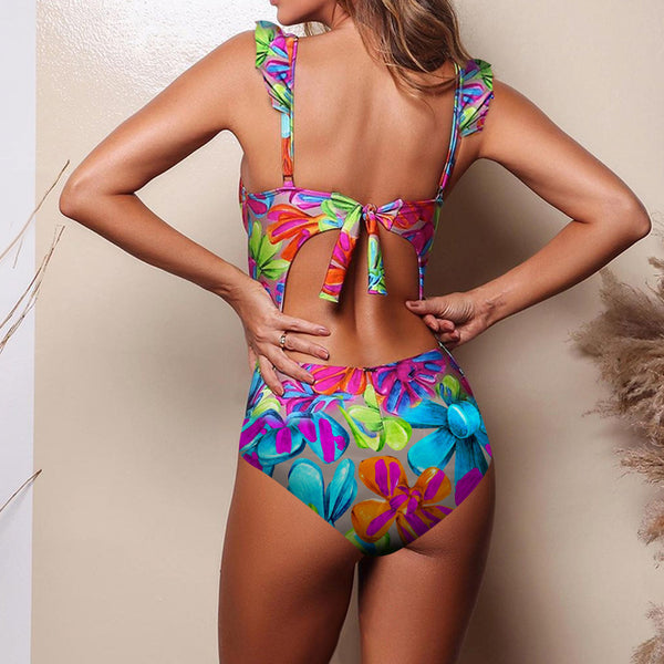 Flower Print Shoulder Straps One Piece Swimsuit With Cover Up Multicolor