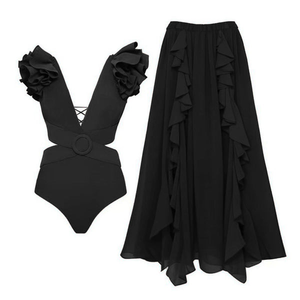 Black Solid Ruffle One Piece Swimsuit With Beach Skirt