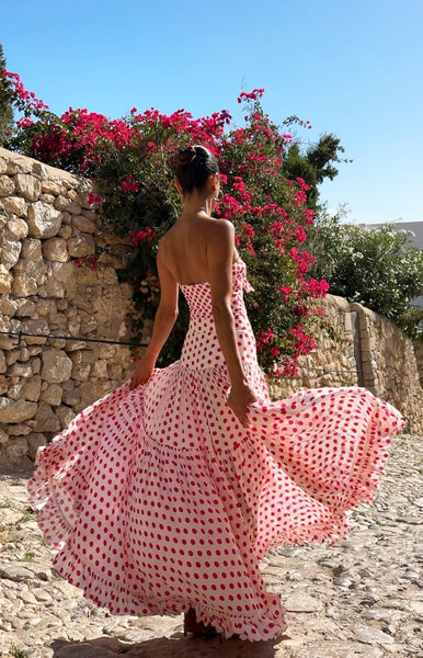 Red Polka Dots Tie Front One Piece Swimsuit With Maxi Cover Up