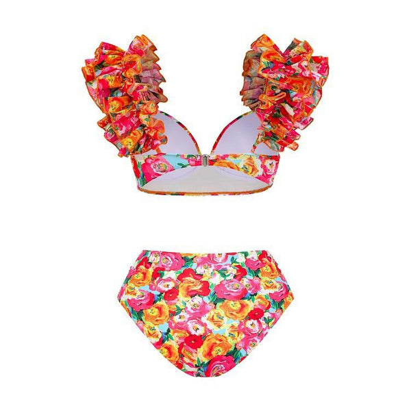 Flower Print Shoulder Straps Two Piece Bikini With Cover Up Swimsuit Multicolor