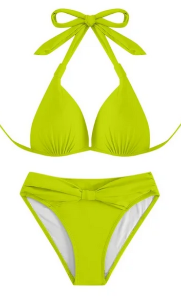 High Waist Split Triangle Hanging Neck Bikini Swimsuit Light Green