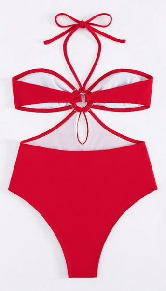 Monokini Solid Color Cut Out Design Halter Neck Swimsuit Red