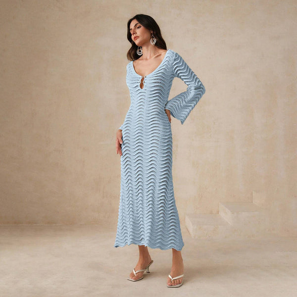 Blue Solid Crochet Knit Long Flare Sleeve Beach Dress