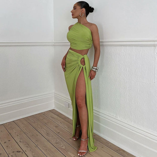 Green Solid One-Shoulder Crop Top Beach Skirt Set Without Pads