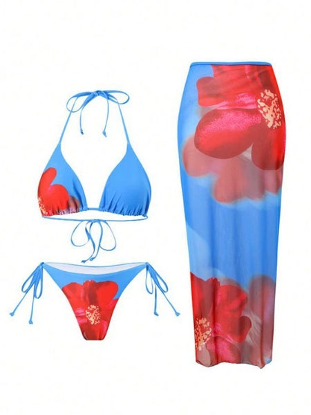 Blue Floral Triangle Bikini Set With Beach Skirt