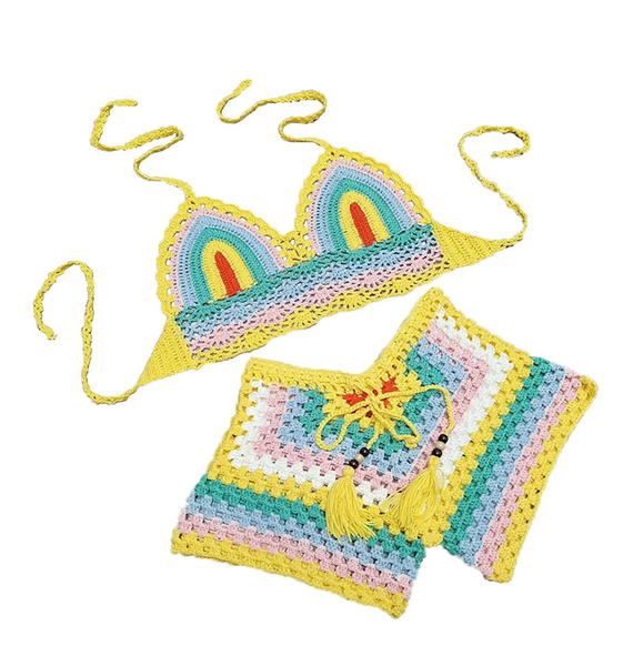 Halter Neck Strap High Waist Boxer Knitted Bikini Set Yellow