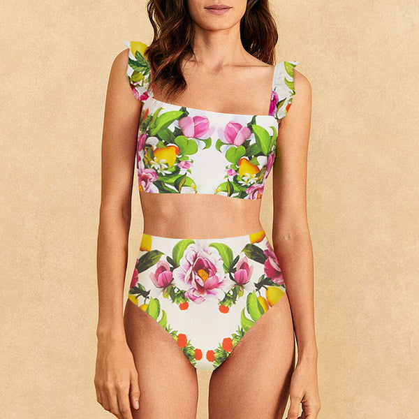 Flower Print Shoulder Straps Two Piece Swimsuit With Cover Up White