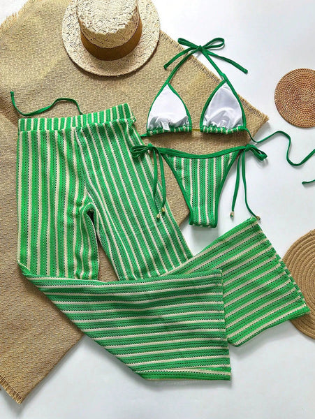 Green Stripes Triangle Bikini Set With Beach Pants