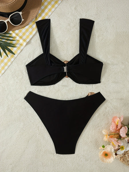 Black Solid High Leg Bikini Set