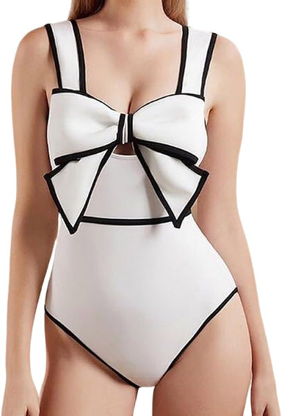 White Polka Dots One Piece Swimsuit With Beach Skirt