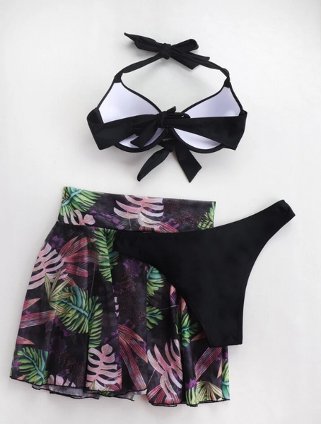 Black Knot Push Up Bikini Swimsuit & Plant Print Beach Skirt