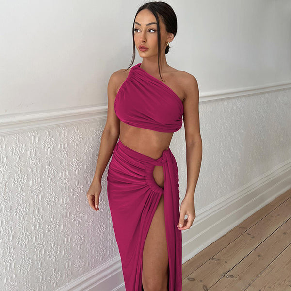 Maroon Solid One-Shoulder Crop Top Beach Skirt Set
