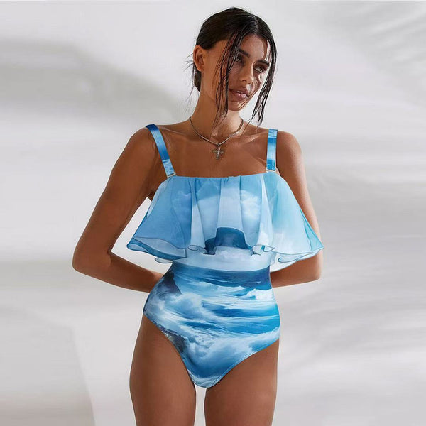 Nature Print Shoulder Strap One Piece Siwmsuit with Cover up Blue