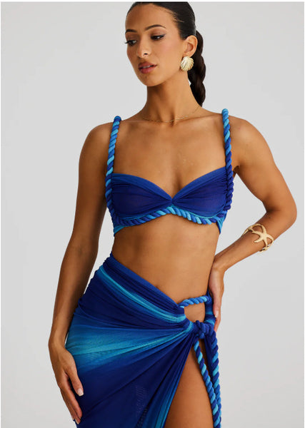 Blue Gradient Bikini Top and Slit Sarong Without Pads
