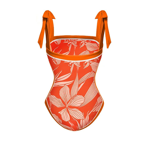 Orange Floral Tummy Control Swimsuit With Sarong