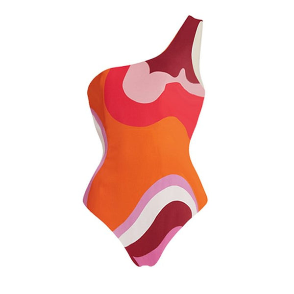 Multicolor Geometric One Shoulder One Piece Swimsuit With Sarong