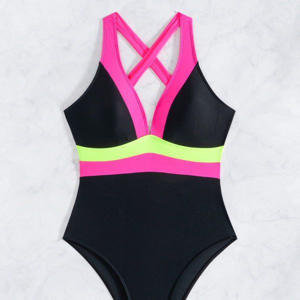 Color Block Halter Tummy Control One-Piece Swimsuit Black