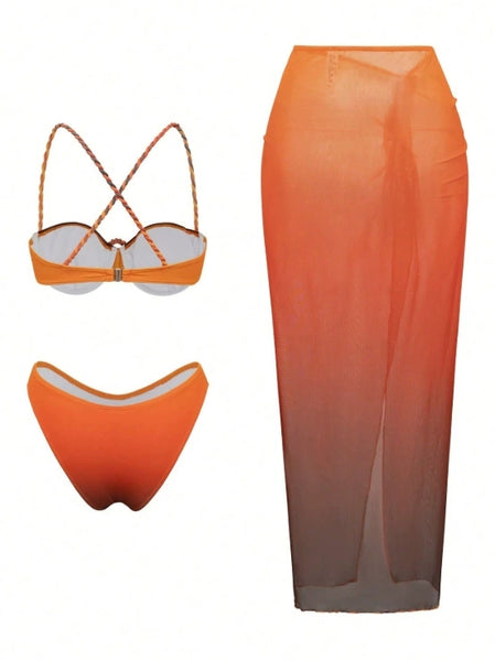 Orange Ombre Underwire Bikini Set With Sarong