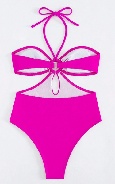 Monokini Solid Color Cut Out Design Halter Neck Swimsuit Pink