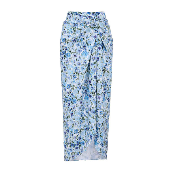 Floral Print Flower Décor Shoulder Straps One-Piece Swimsuit with Sarong Blue
